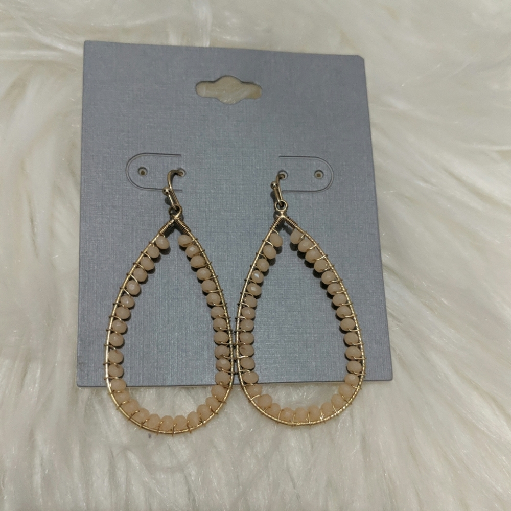 Gold Tone Wire Wrapped Earrings with Rose Glass